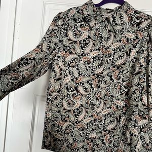 INC Paisley mint, black, and brown button up shirt with black buttons